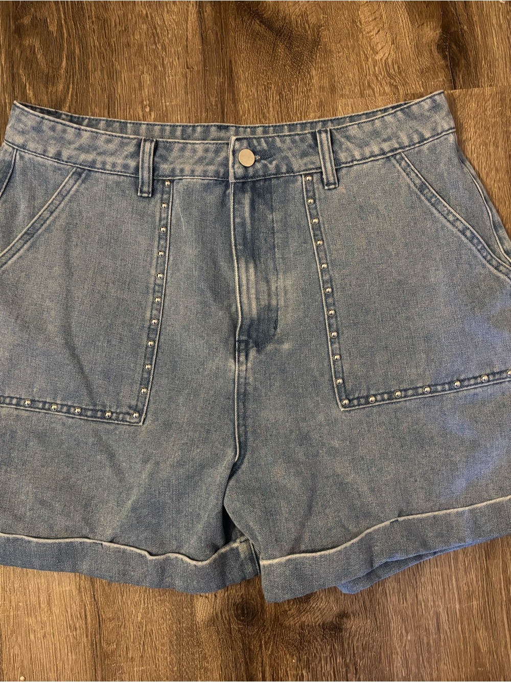 Cider Light Blue Denim High-Rise Stud Pocket Shorts